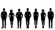 © Endri - Seven business professional silhouettes standing in a row against a white background, men and women in suits and dresses conveying confidence and unity