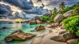 Serene coastal scene featuring a tranquil beach, dramatic sky, and lush tropical vegetation bordering smooth granite boulders at sunset