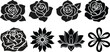 © Vector Store - Set of black rose flower silhouettes floral design elements on white.Vector rose icon. Set of decorative flower silhouettes for your design.Set of decorative rose with leaves. Flower silhoutte.