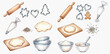 © studio - Watercolor illustration of baking ingredients and tools for making cookies, including rolling pins, cookie cutters, dough, flour, bowls, and sprinkles.