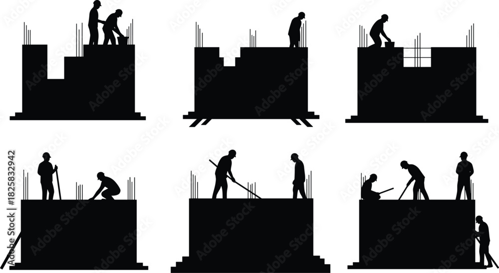Silhouette of construction workers building concrete structure ...