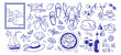 © klyaksun - Amalfi coast doodle set in blue ink - Mediterranean seaside symbols with pizza and seafood, lemons and mussels, sailboat, scooter and wine. Hand drawn Italy travel icons for summer vacation tourism.