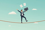 Accountant demonstrates remarkable balancing act with invoices, tax forms, and computer monitor on tightrope.