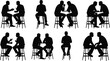 © Hasem Creative - Silhouettes of two men sitting and talking on stools, discussing ideas, communication and conversation poses for business, counseling and meeting design