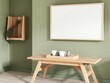 © Photographybd60 - Minimalist wooden bench with decorative items against a sage green wall