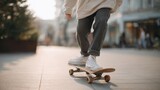 Person riding a skateboard on a sidewalk. the person is wearing a beige sweatshirt, grey jeans and white sneakers. the skateboard is brown and has four wheels.