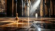 © gea - A solitary wooden chess pawn stands on a polished checkerboard floor in a vast, dimly lit hall with dramatic shafts of light streaming from above. The architect