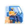 © isz - Delivery Man Using Tablet Inside Blue Delivery Van