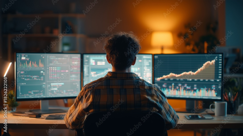 Analyst at dual monitor workstation reviewing code and conversion chart ...