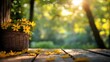 © yasdine - A wicker basket filled with bright yellow flowers sits on a rustic wooden table. Scattered yellow leaves are on the table, and the background shows a blurred fo