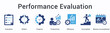 © gibranicon - Performance evaluation banner web icon assesses progress through reflection measuring productivity efficiency and accomplished mission success.