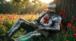 © Chanachai - Medieval knight in silver armor resting and sleeping under a large tree in a poppy field during sunset, peaceful warrior concept, fantasy art