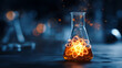© Odin - Glowing atom symbol inside chemical flask representing energy, science and innovation concept