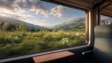 A train window reveals a vibrant landscape of mountains, wildflowers, and a clear sky, offering a serene travel view
