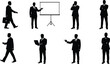 © RabeyaGraphix - Collection of diverse businessman silhouettes in various poses, including walking, presenting, talking on phone, and working on laptop, isolated on