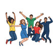 © Lexi - Group of young people celebrating and jumping with joy in colorful outfits