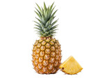Isolated pineapple fruit with piece on a plain surface, ananas comosus tropical food