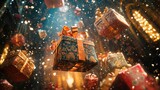 Magical cascade of gifts with festive decorations in a glowing atmosphere
