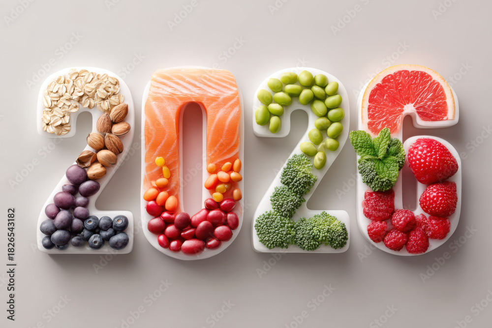 Creating the year 2026 with healthy food products representing ...
