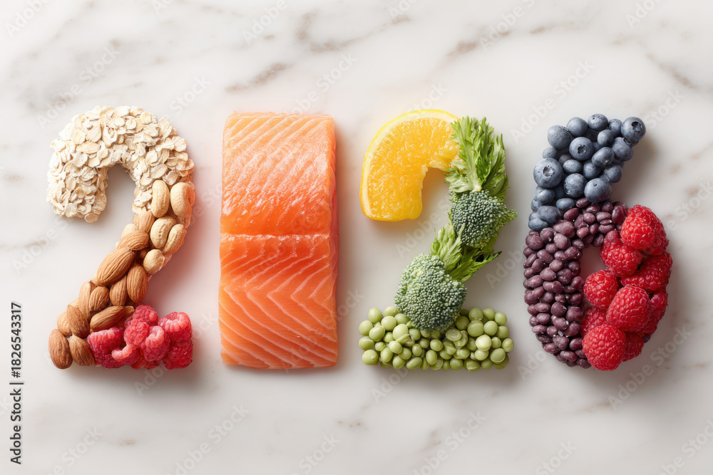 Creating the year 2026 with healthy food products representing ...