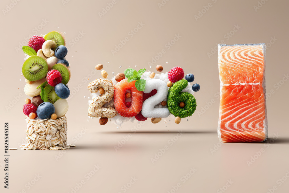 Creating the year 2026 with healthy food products representing ...