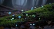 © ikhwan - Bioluminescent mushrooms glowing on mossy wood in a misty forest, creating a magical and surreal atmosphere.