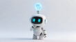 © unairakstudio - Cute small robot with a lightbulb glowing holographically above its head, poised in a thinking pose for a creative business concept.
