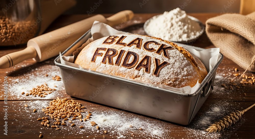 Bakery loaf baked with Black Friday text in pan surrounded by rolling ...