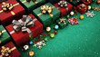 © Argiduna - Imagen de una escena Navideña, dominada por los colores rojo y verde. Muestra una pila de cajas de regalo envueltas con lazos grandes, algunas rojas con lazos verdes y otras verdes con lazos rojos.