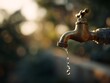 © Evgeniia - Garden faucet with a thin stream of water in warm backlight, illustrating irrigation, drought awareness and responsible outdoor water use. Soft cinematic tones