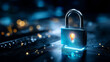 © Laura - Digital glowing blue lock icon closeup, defocused circuit patterns, cybersecurity concept, data protection technology, encryption visualization, privacy security system, digital sa