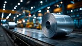 Inside heavy steel factory featuring large roll of shiny galvanized sheet metal with blurred industrial machinery and cool metallic ambience.
