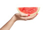 © Subin - Hand holding a fresh watermelon slice against a white isolated background.