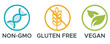 © Aiman - Vegan, Non-GMO, Gluten free icon set, Vegan, Non-GMO, Gluten free vector set