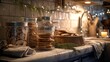 © R Arts - A cozy kitchen counter adorned with festive string lights and glass jars filled with homemade cookies and baked goods, creating a warm holiday atmosphere.