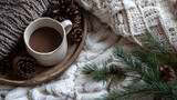 Cozy winter cottage flat lay with knitted textures, pine branches and cocoa mug circling an open space 