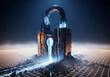 © Filip - Massive futuristic, grunge padlock with a glowing keyhole on a digital grid and dark background