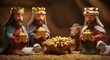 © Image - Three wise men figurines presenting gifts around a manger with small sheep in a warm nativity scene setting