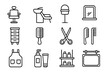 © Coosh448 - Hair Salon Icons. Hair salon. Line icon set of hair salon: salon chair, wash basin, hairdryer hood, mirror, trolley cart, hairbrush, scissors, comb, apron,
