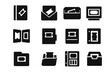 © Svitlana - Ticket Storage Icons. Ticket storage. Solid icon set of Ticket storage: ticket binder, envelope, ticket box, scrapbook, folder, display frame, organized stack,
