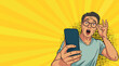 © дима селиванов - Surprised Asian man in pop art style with a phone. Pop art in comic style.