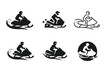© Coosh448 - Snowmobile Logo Variations. people riding snowmobiles across snowy fields. Icon set. Set Logo of people riding snowmobiles across snowy fields: snow spray arc.