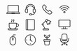 © Coosh448 - Work-from-Home Icons. Work-from-home tools. Line icon set of work-from-home tools: laptop, headset, phone, Wi-Fi, coffee cup, notebook, lamp, monitor, mouse,