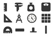 © Влада Яковенко - Measurement Tools Icons. Scale and measurement. Solid icon set of scale and measurement: ruler, caliper, tape measure, scale, weight, geometry triangle,