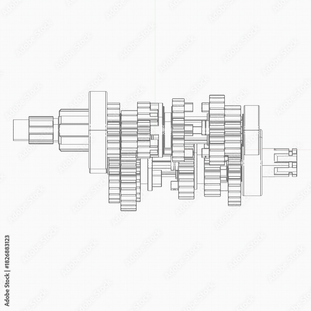 Ilustracja bez tantiem: Technical line drawing of multi-gear ...