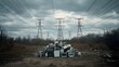 © irawan - Piles of obsolete electronic screens are dumped beneath high voltage power transmission towers under a dramatic, cloudy sky.