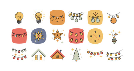 Festive decoration icons with christmas lights and holiday ornaments in flat style