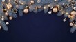 © MDigital Art Studio - Elegant Winter Holiday Border of Blue Pine Gold Ornaments and Warm Lights on Dark Background Christmas