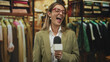 © Krakenimages.com - Woman holding microphone laughing with mouth open in building clothing shop surrounded by hanging jackets and shirts; joyful confidence.