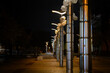 © Vitalijus - Tall metal poles with modern streetlights line a paved walkway at night. Each pole is adorned with decorative metallic spheres, enhancing the futuristic appearance.